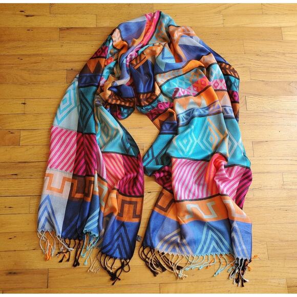 Wool Silk Blend Woven Fringed Wrap Shawl Colorful Aztec Festival Southwestern - Picture 1 of 8